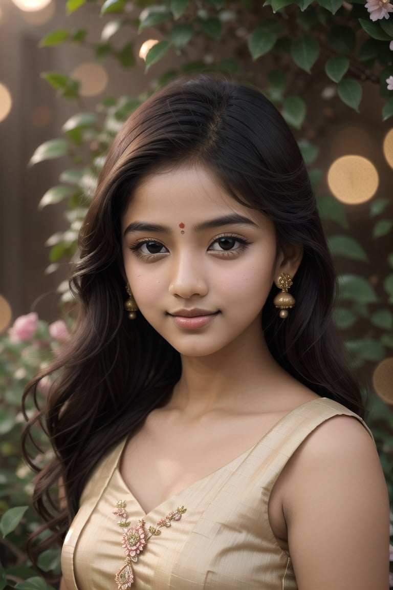 beautiful indian girl,portrait,soft lighting,delicate details,feminine,graceful pose,dark hair,almond-shaped eyes,pale skin,rosy cheeks,small,slightly smiling lips,traditional dress,lush garden background,vibrant colors,highres,photorealistic,subtle bokeh,subdued color palette,ethereal atmosphere,asian girl