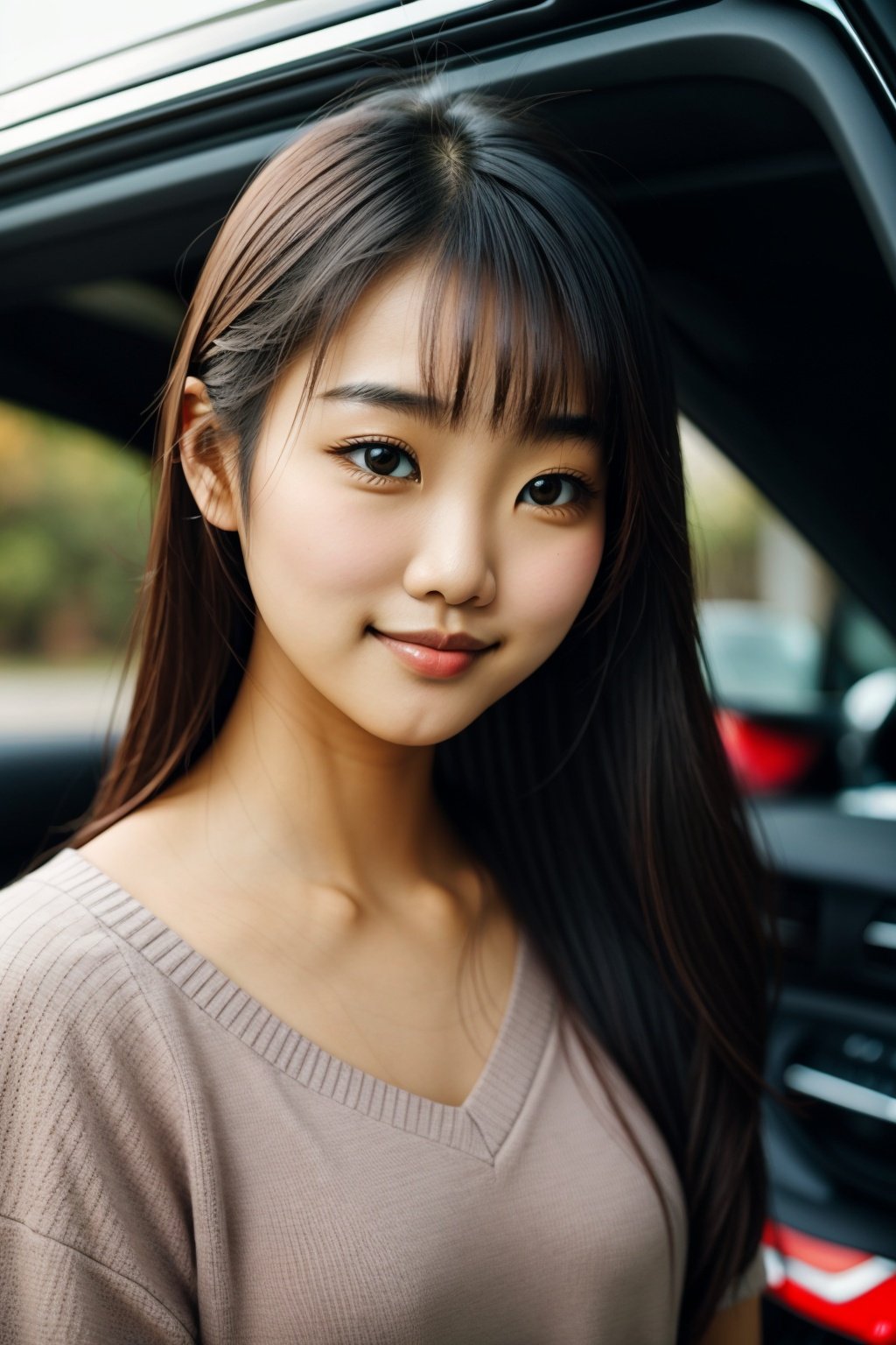 Closed lips, cute smile, asian girl, a women,Car,asian girl