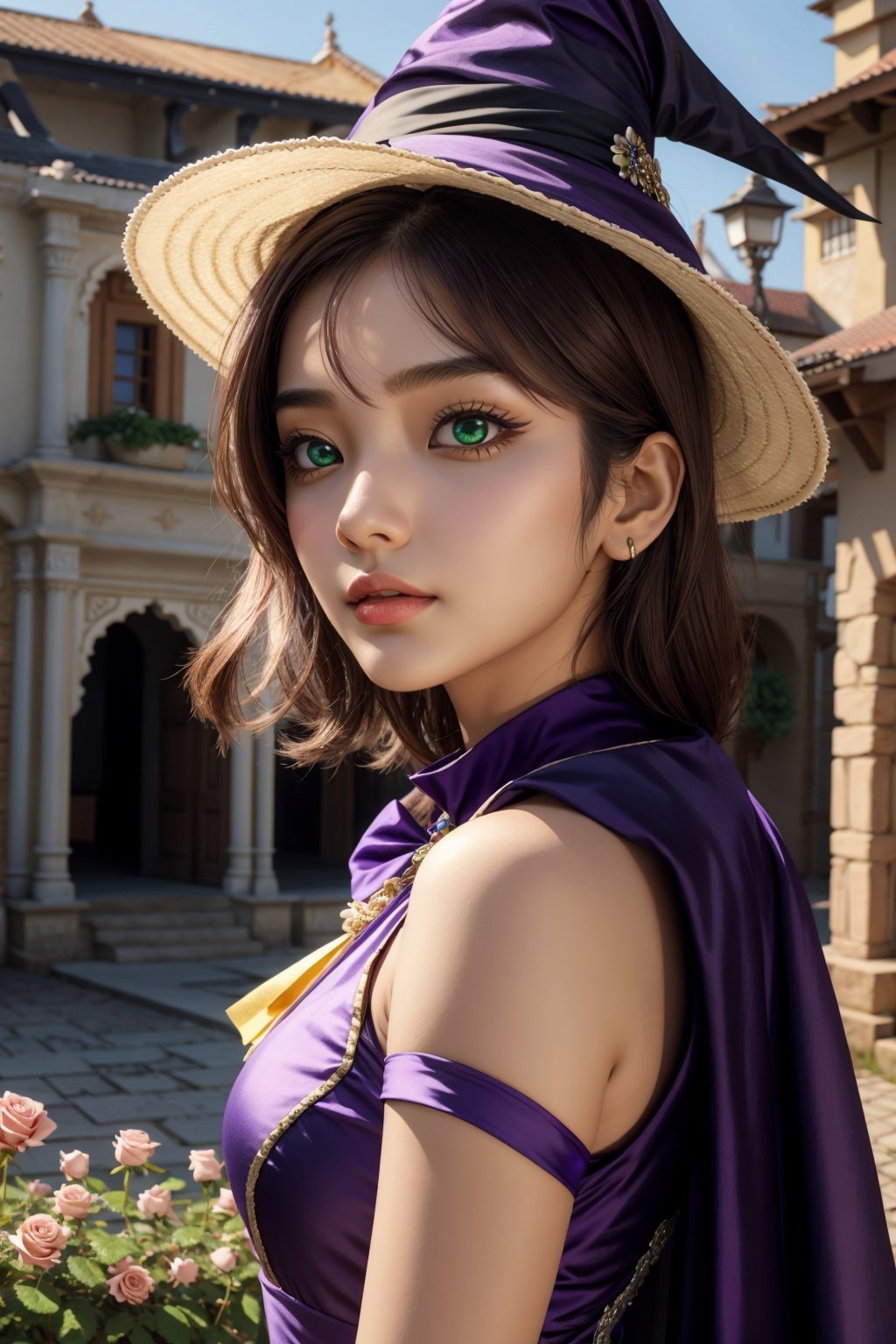 a asin girl, perfect face, arms at sides, masterpiece, ultra high res, high quality, 4k, upper body:1.5,  lisa (genshin impact), urple witch hat, green eyes, brown hair, (PureErosFace_V1:0.008), (european:1.6), bangs, dress, rose, jewelry, witch, capelet, purple headwear, black gloves, purple flower, hair between eyes, purple rose, parted lips, purple capelet, hat flower, multicolored dress, hair ornament,  windmill, from side,asian girl,indian girl