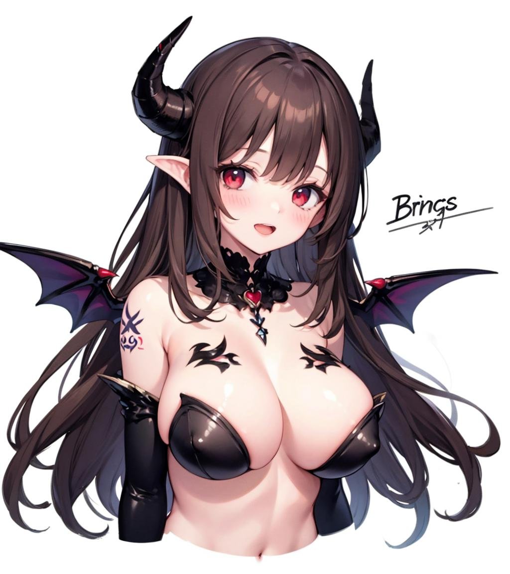 bridgeless bra, succubus, 1girl, breasts, solo,  horns, long hair, red eyes, heart, gloves, large breasts, white background, upper body, looking at viewer, elbow gloves, simple background, smile, black gloves, brown hair, open mouth, blush, tattoo, cropped torso,  bangs, cleavage, character name, black theme,<lora:BridgelessBra:1>,strapless, arms at sides, 