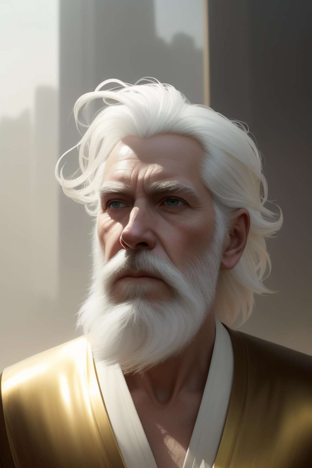 (masterpiece), (extremely intricate), photorealistic photo of a handsome male wizard, short beard, white wizard shirt with golden trim, white robe moving in the wind, long white hair, fully clothed, perfect face, handsome, (perfect composition:1.4), deviantart hd, artstation hd, concept art, detailed face and body, award-winning photography, margins, detailed face, professional oil painting by Ed Blinkey, Atey Ghailan, Jeremy Mann, Greg Manchess, Alex Gray, trending on ArtStation, trending on CGSociety, intricate, high detail, sharp focus, dramatic, award winning matte drawing cinematic lighting octane render unreal engine volumetrics dtx