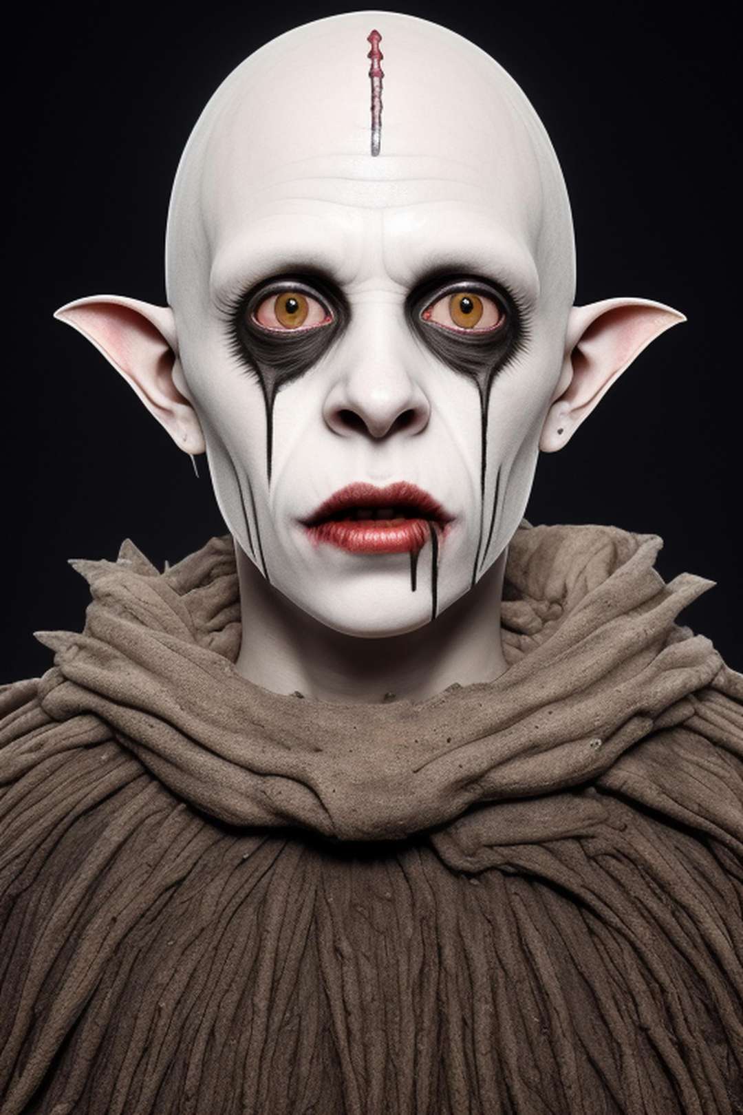 Nosferatu, vampire the masquerade, repulsive, sewer rat, leper, withered, twisted body, caved-in nose, bleeding gums, extended incisors, elongated skull, monstrous, hideous face, deformed, grotesque, hideous, scarred, made of scabs and scars, shedding skin, sores, streaked with grime, all-black eyes, large pointed ears, rodent-like, skin coated in fingernails, pox, tissue growths, skin coated in tiny carapaces