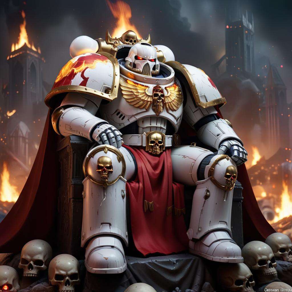 high quality, dynamic lighting, at night with burning city in background, large space marine, massive metal armor, gold and white and red cape, sitting on a giant skull throne, white helmet, red glowing eyes, disney style, animated style, <lora:space_marine-000009:0.5>