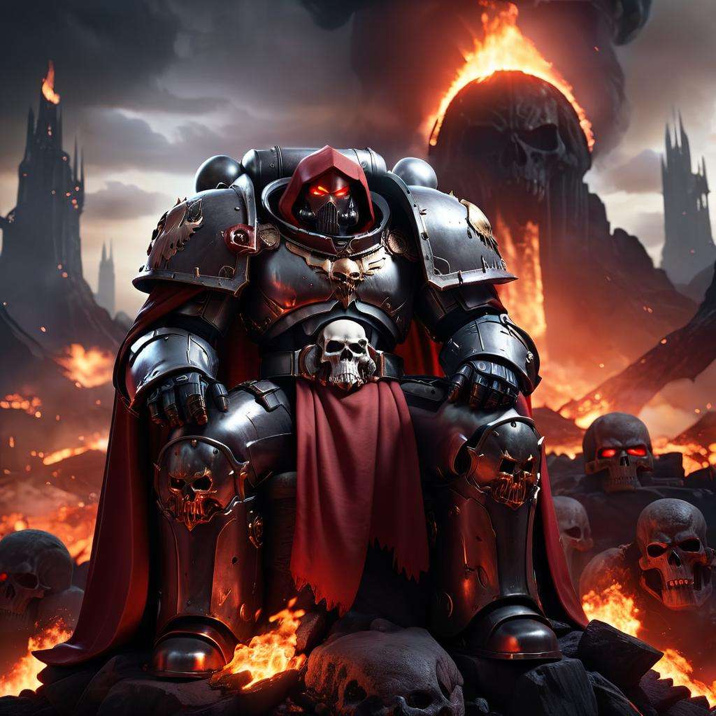 high quality, dynamic lighting, at night with burning city in background, large space marine, massive metal armor, with red hood and cape, sitting on a giant skull throne, magma lava  in forefront, black armor and white helmet, red glowing eyes, disney style, animated style, <lora:space_marine-000009:0.5>