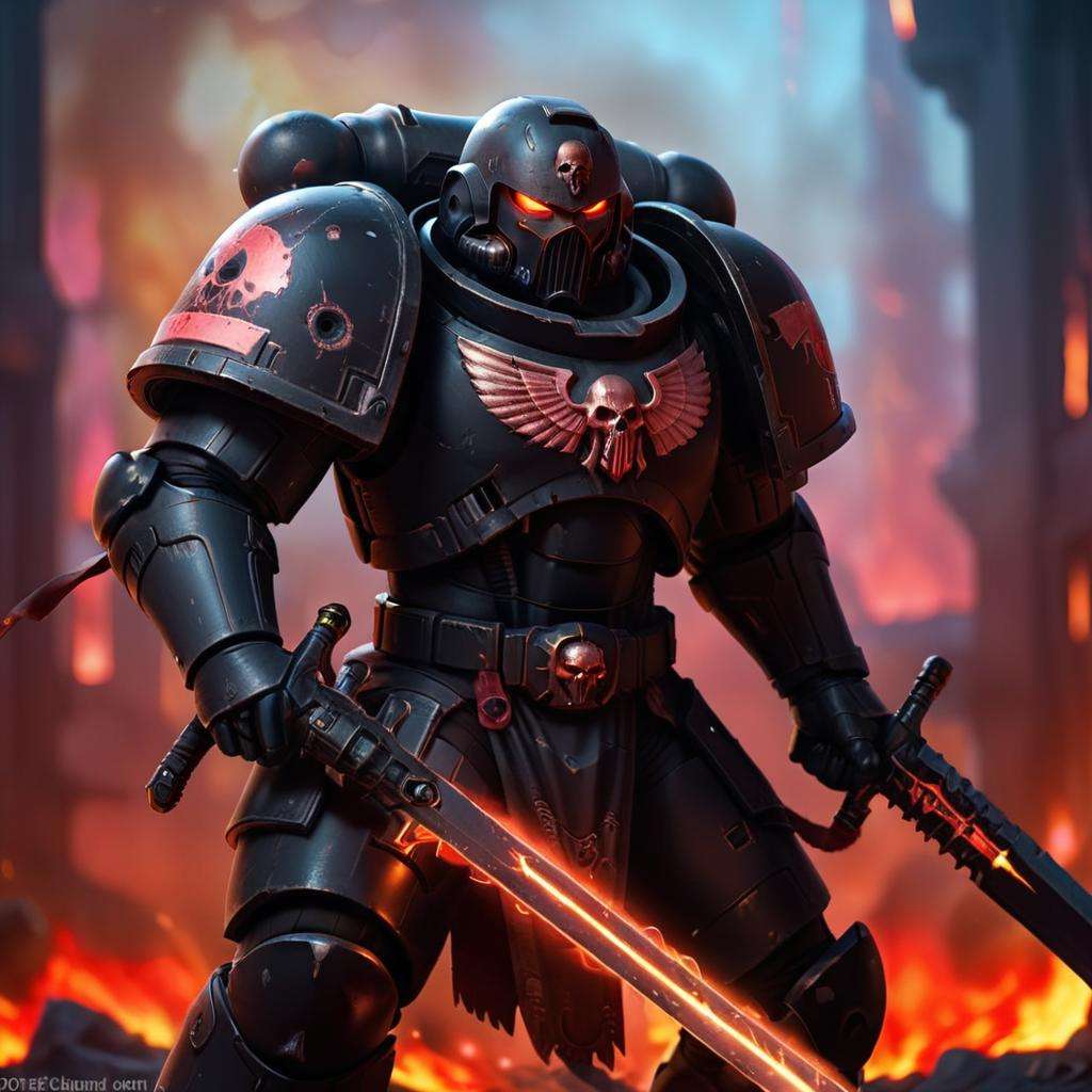 high quality, cyberpunk style, space marine, dynamic pose, black armor, red glowing eyes, fire in background, holding a sword,   <lora:space_marine-000009:0.5>