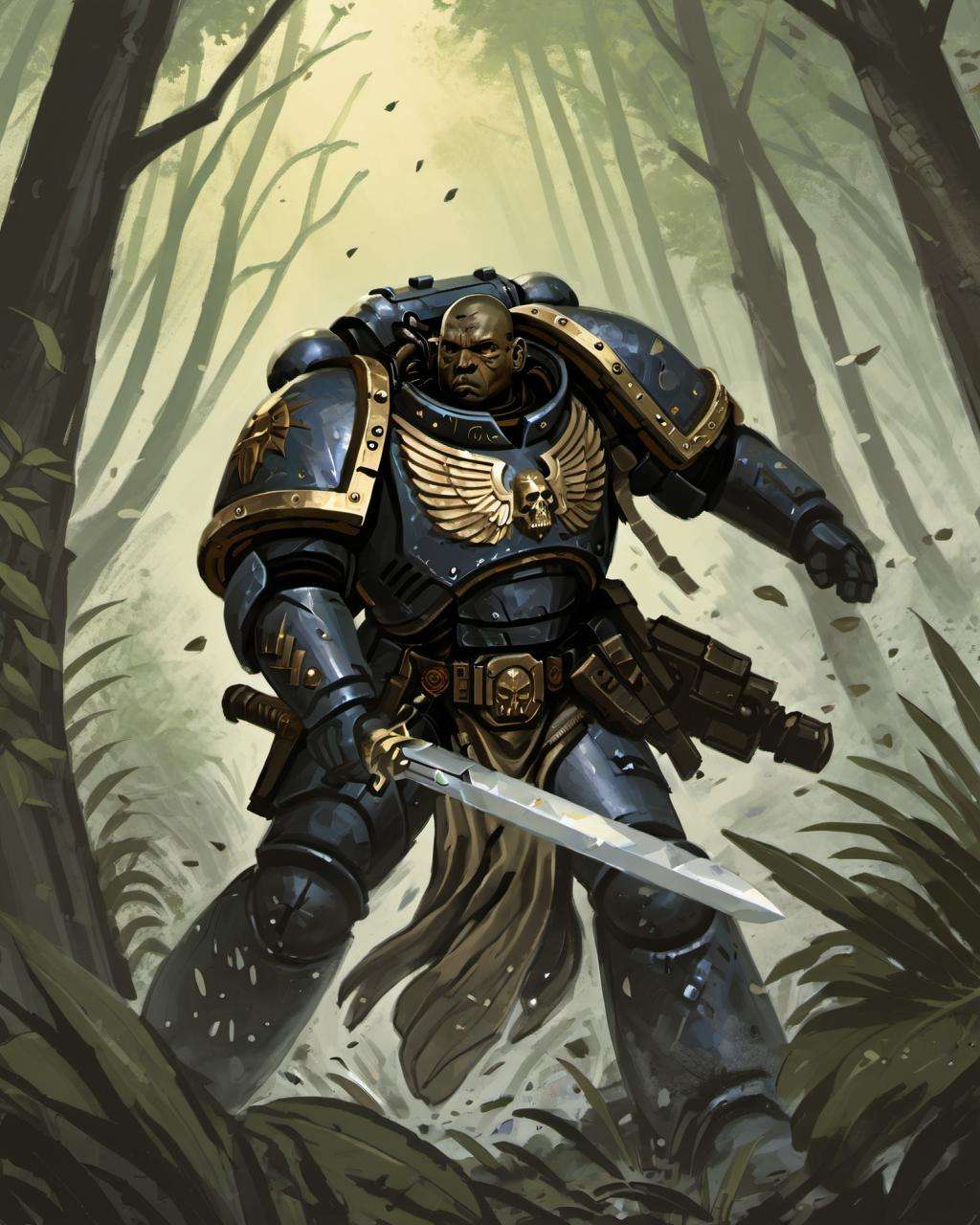 an illustration of a soldier in knight armor, cutting through the jungle with a power sword <lora:primaris_marine-knight_armor-000007:0.8>