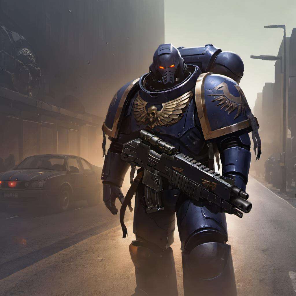 uhd, 8k, high quality, digital illustration, a man wearing knight armor, standing in a road, cinematic, holding bolter, full body, wearing hood, <lora:primaris_marine-knight_armor-000007:0.8>