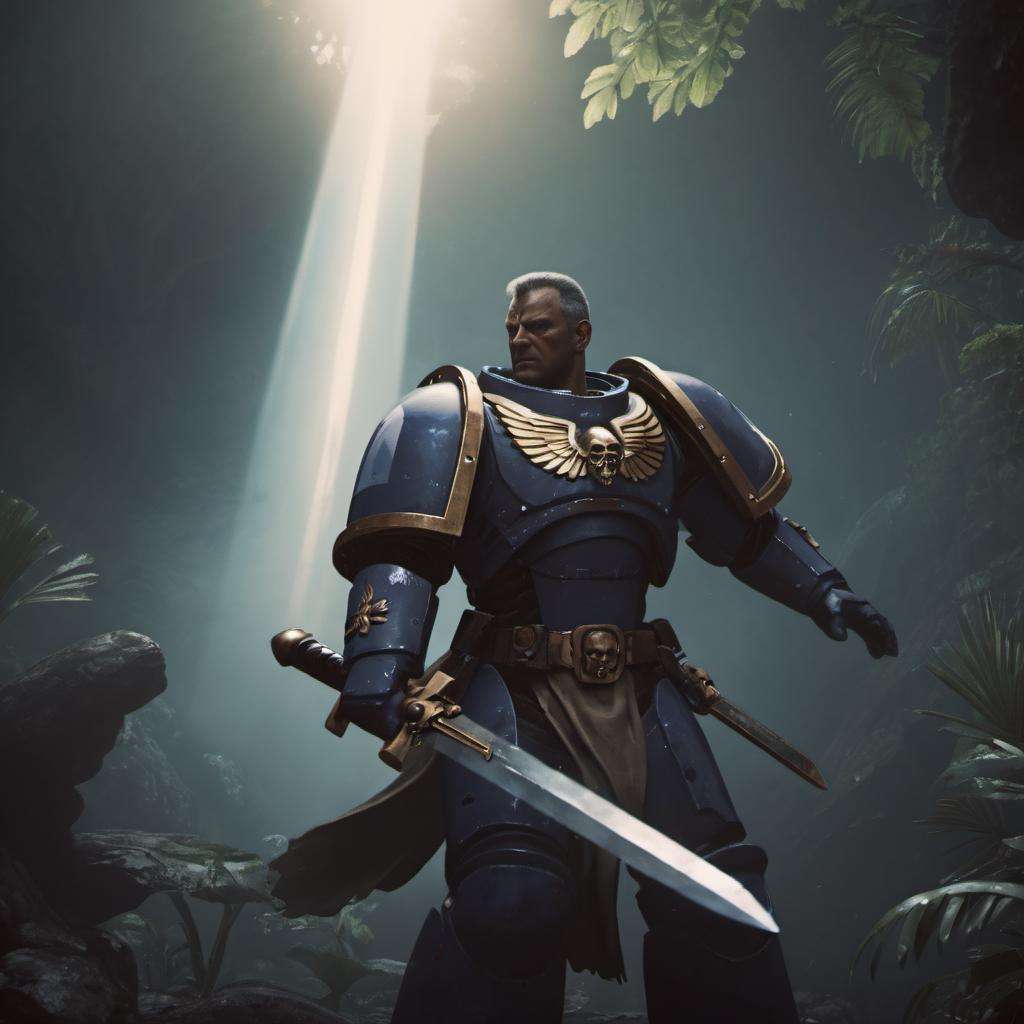 uhd, 8k, high quality, nikon, 35mm, photo, a man wearing knight armor, jungle background, canyons in background, at night, dynamic light, dark, closeup, cinematic, god rays, holding power sword <lora:primaris_marine-knight_armor-000007:0.7>