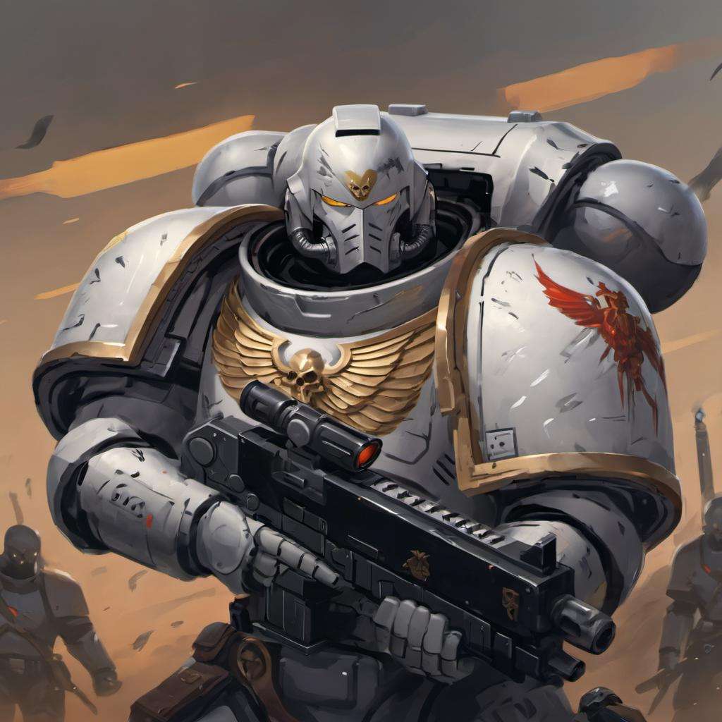 uhd, 8k, high quality, digital illustration, a man wearing white knight armor, with a silver helmet, standing in a road, cinematic, holding bolter, full body, wearing hood, <lora:primaris_marine-knight_armor-000007:0.8>