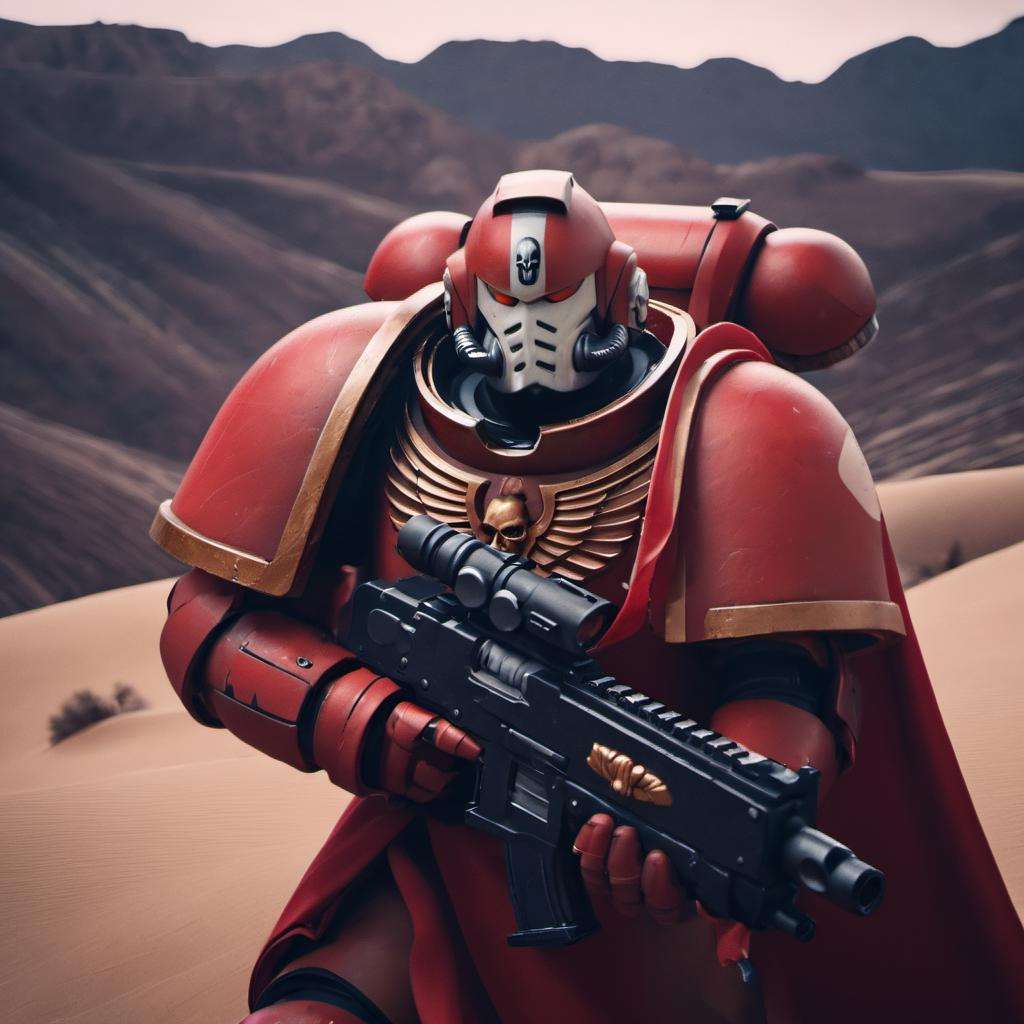 uhd, 8k, high quality, nikon, 35mm, photo, a man wearing knight armor, desert background, canyons in background, at night, dynamic light, dark, closeup, cinematic, holding bolter, red cape, white helmet<lora:primaris_marine-knight_armor-000007:0.8>