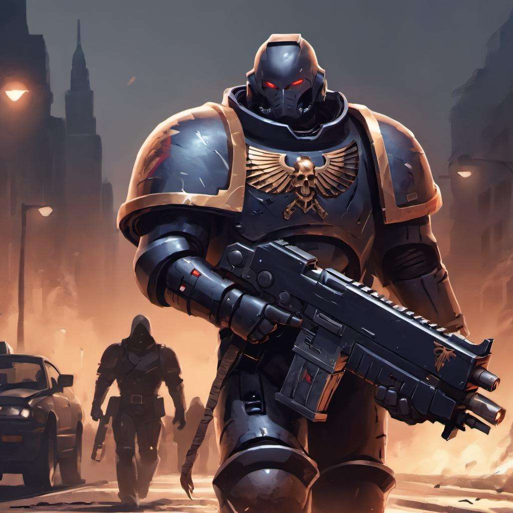 uhd, 8k, high quality, digital illustration, a man wearing knight armor, standing in a road, cinematic, holding bolter, full body, wearing hood:1.5, <lora:primaris_marine-knight_armor-000007:0.8>