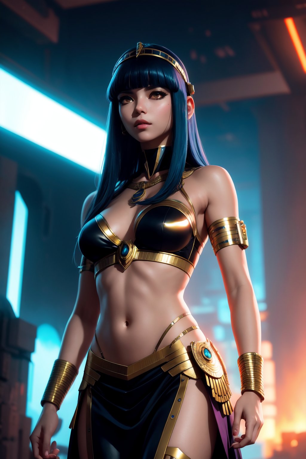 Tranquil Relaxing Atmosphere,  Cleopatra, reimaged in a cyberpunk universe, cyberpunk style, augmentation, cinematic scene, hero view, action pose, beautiful 8k, masterpiece, best quality, high quality, absurdres  , calming style, soothing colors, peaceful, idealic, Tranquil Relaxing Atmosphere
