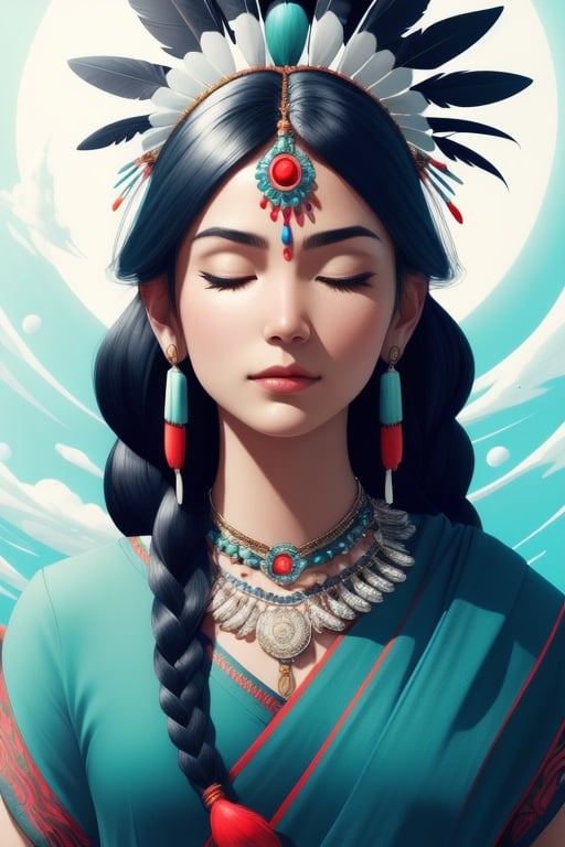 (full portrait, half shot), ((solo)), detailed background, detailed face, wise, (female), (indian, shaman, native american), headdress, mystical, long black hair, braids, (gorgeous face), head tilted upwards, (eyes closed, serene expression), calm, meditating, Seafoam Green frayed clothes, prayer beads, tribal jewelry, feathers, jade, obsidian, detailed clothing, realistic skin texture, (floating particles, water swirling, embers, ritual, whirlwind, wind), foreboding atmosphere, sharp focus, perfect lighting, perfect shading, volumetric lighting, good highlights, good shading, subsurface scattering, intricate, highly detailed, perfect body, (mature adult:1.37), ((cinematic)), dramatic, beautiful, gorgeous, stunning, (highest quality, award winning, masterpiece:1.35), , (comic style), (line art:1.35)
