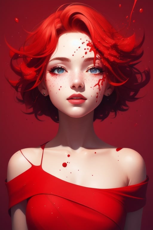 a girl, illustration, cover art , (((red))), portrait, red background, red splash
