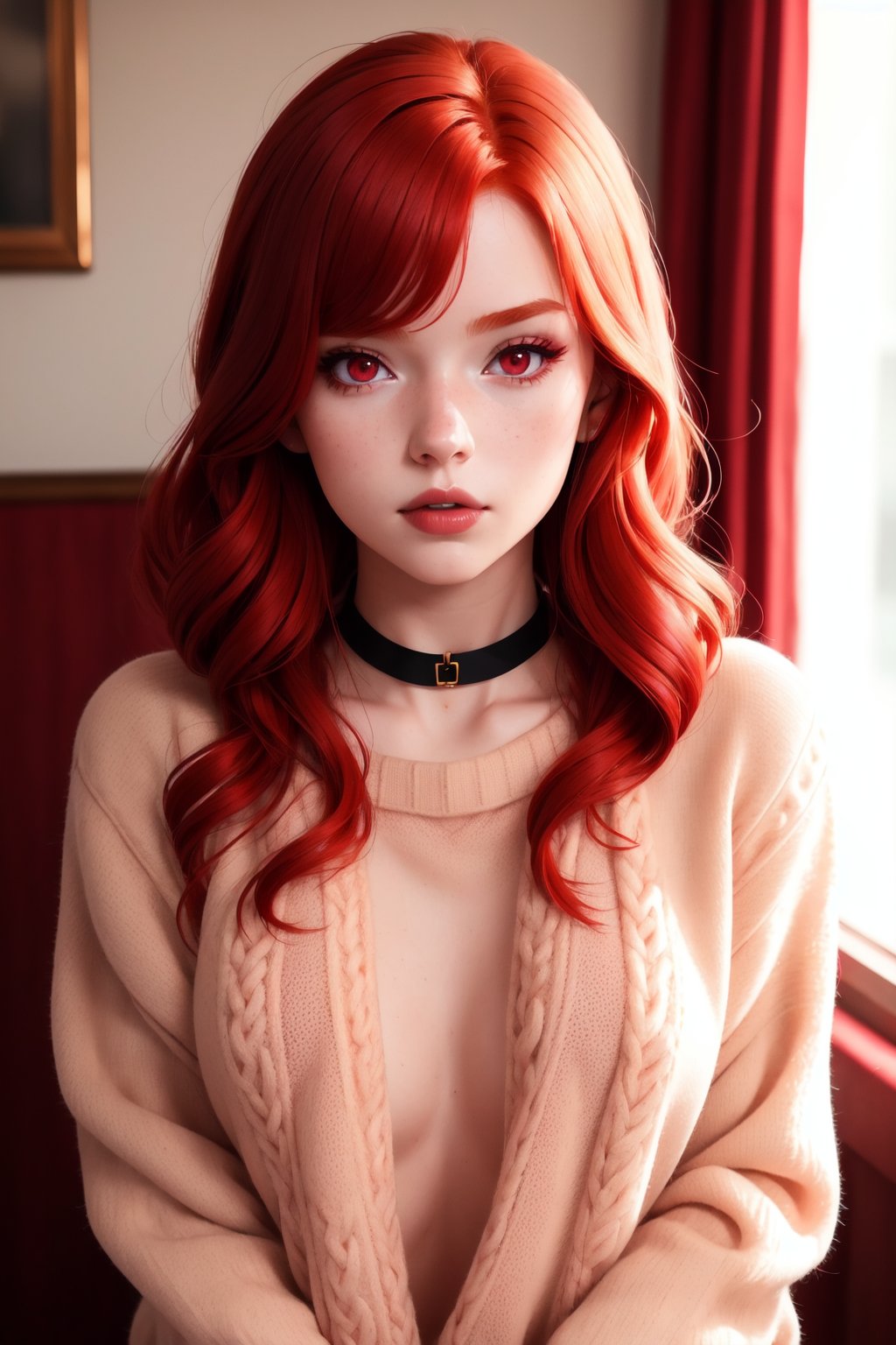 raw photo, (18yo redhead girl:1.2), makeup, rouge, neck lace choker, realistic skin texture, oversize knit jumper, red eyes, softcore, warm lighting, cosy atmosphere, Instagram style
