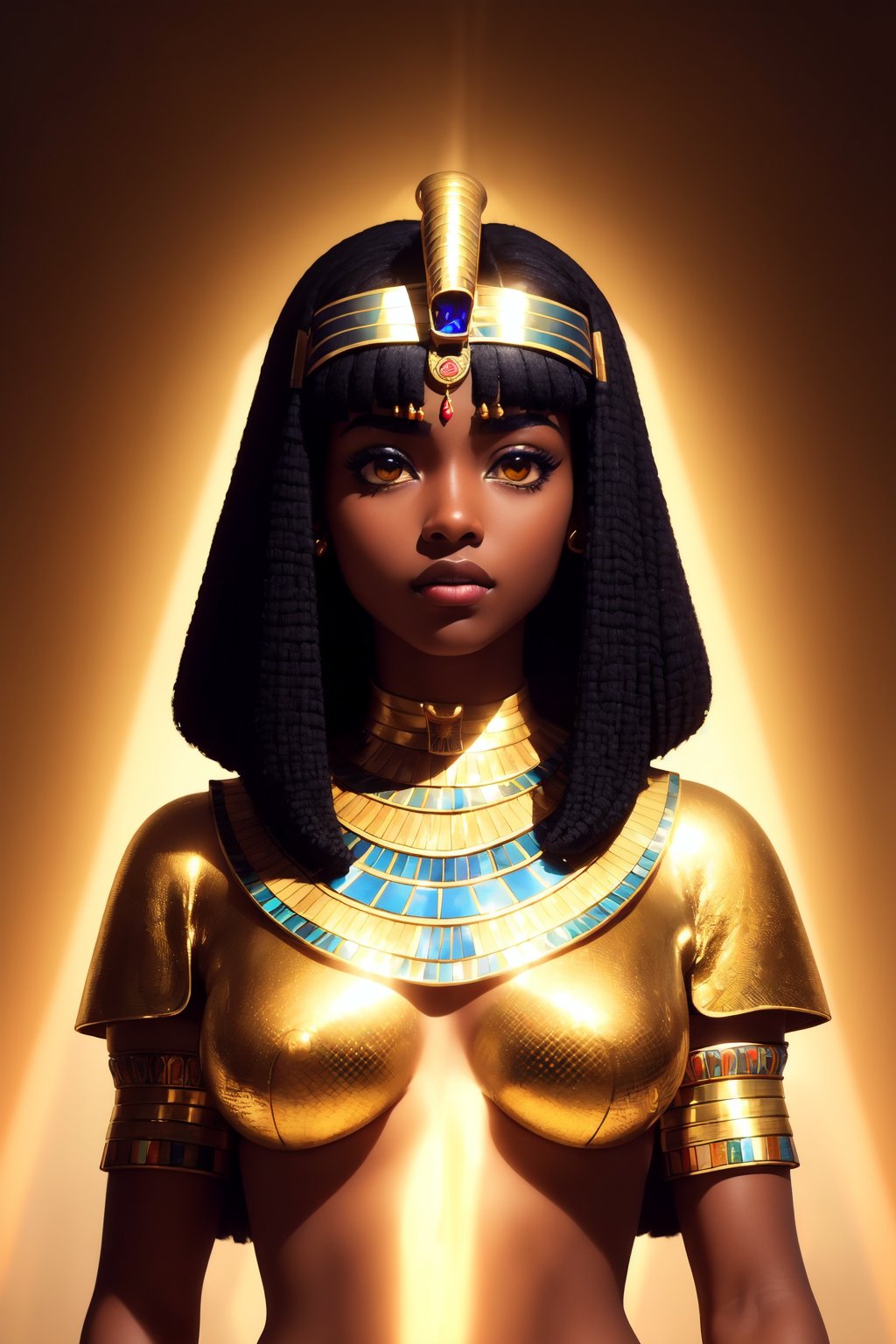 (masterpiece mystical illlustration, high quality:1.3), (close-up:0.9), upper body, solo, (a cute girl:1.1), (egyptian, dark skin, short hair, black cleopatra bob hair, mistery shining eyes:1.2), (25 years old:1.3), egyptian god, (pharaoh:0.7), epic pyramid background, (golden glow:1.2), (cinematic look:1.2), soothing tones, insane details, intricate details, hyperdetailed, low contrast, soft cinematic light, dim colors, (nsfw:1.2)
