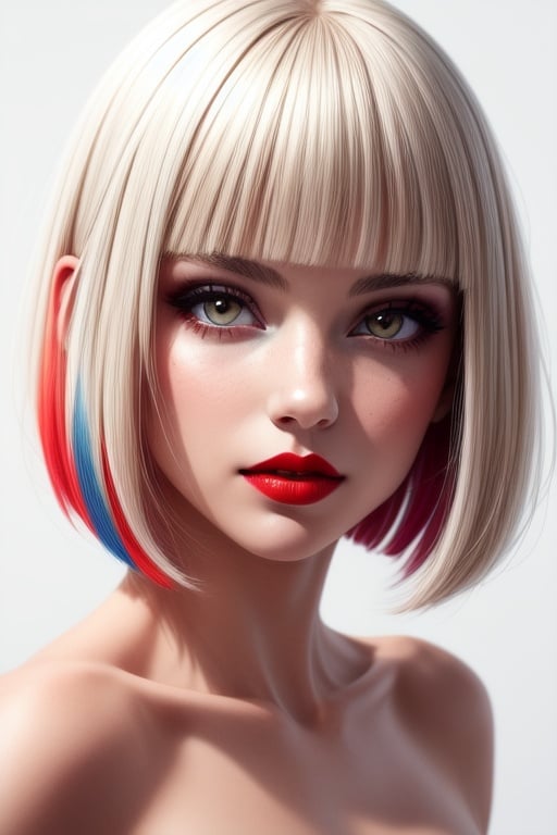 1girl,solo, upper body,looking at viewer, white background, bob cut, short hair, multicolored hair, makeup , parted lips, red lips, eyeliner,
