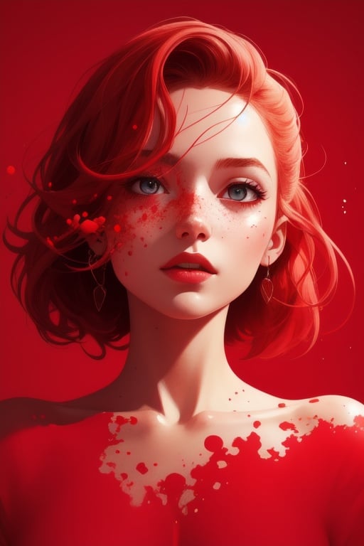 a girl, illustration, cover art , (((red))), portrait, red background, red splash
