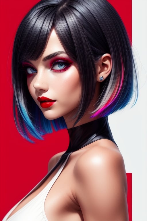 1girl,solo, upper body,looking at viewer, white background, bob cut, short hair, multicolored hair, makeup , parted lips, red lips, eyeliner,
