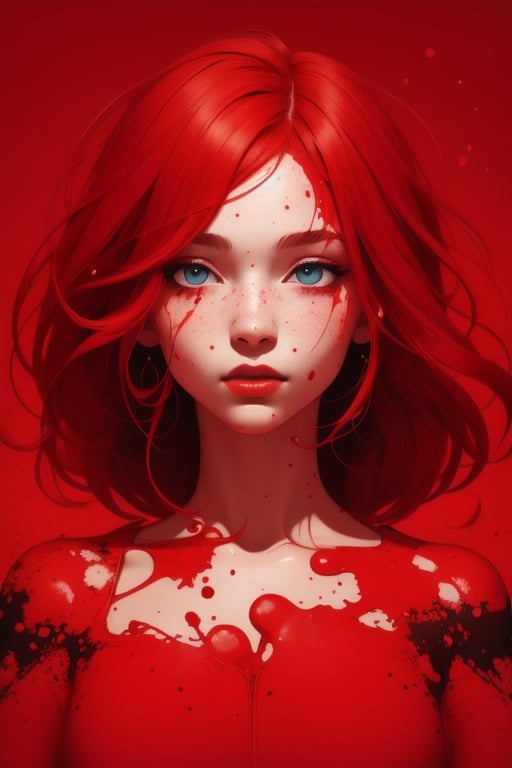 a girl, illustration, cover art , (((red))), portrait, red background, red splash
