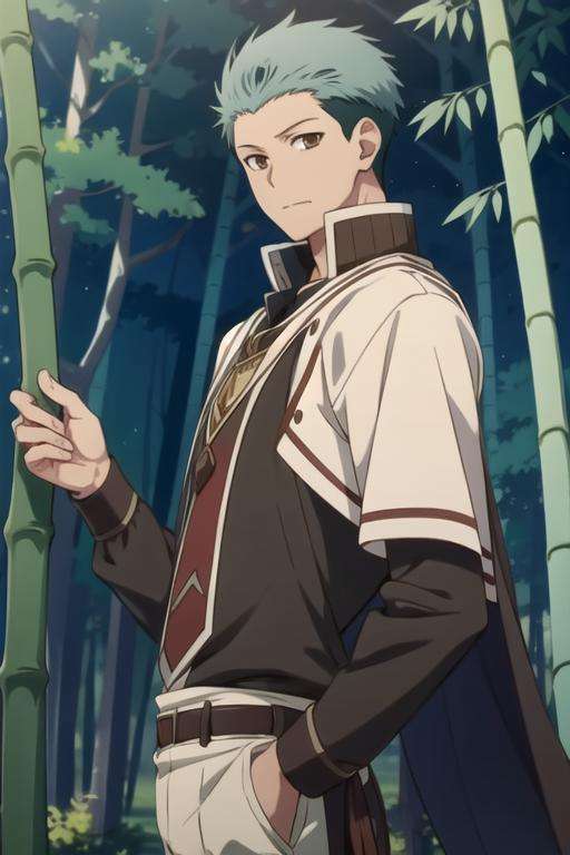 masterpiece, best quality, wallpaper, 1boy, solo, male focus, looking at viewer, , , , , <lora:mitsuhide_rouen:0.68>, mitsuhide_rouen, brown eyes, blue hair, short hair, dracula costume, bamboo forest,