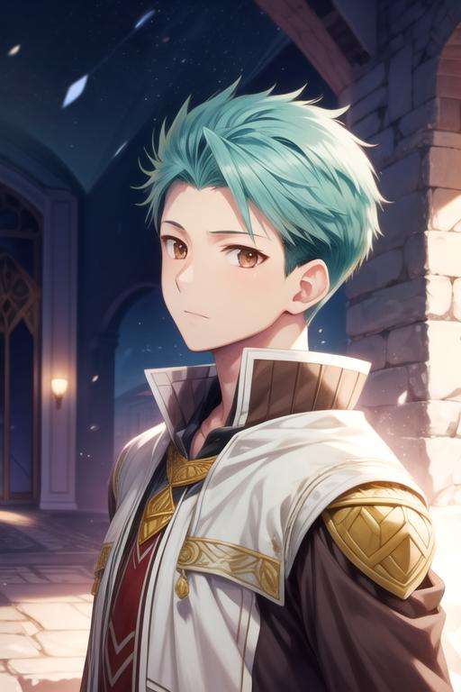 masterpiece, best quality, illustration, 1boy, solo, male focus, looking at viewer, upper body, depth of field, , , <lora:mitsuhide_rouen:0.76>, mitsuhide_rouen, brown eyes, green hair, , tam, The Kingdom of the Unicorn, 2k resolution