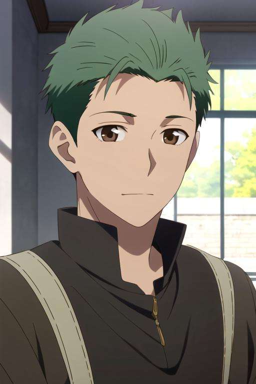 masterpiece, best quality, photorealistic, 1boy, solo, male focus, looking at viewer, upper body, depth of field, ligne claire, realistic, <lora:mitsuhide_rouen:0.68>, mitsuhide_rouen, brown eyes, green hair, undercut