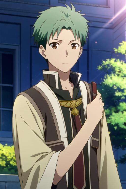 masterpiece, best quality, movie still, 1boy, solo, male focus, looking at viewer, , depth of field, , , <lora:mitsuhide_rouen:0.70>, mitsuhide_rouen, brown eyes, green hair