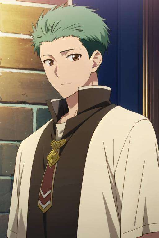 masterpiece, best quality, game cg, 1boy, solo, male focus, looking at viewer, upper body, , , realistic, <lora:mitsuhide_rouen:0.76>, mitsuhide_rouen, brown eyes, green hair