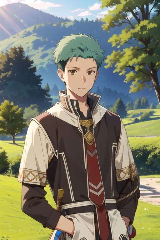 masterpiece, best quality, , 1boy, solo, male focus, looking at viewer, , , ligne claire, realistic, <lora:mitsuhide_rouen:0.74>, mitsuhide_rouen, brown eyes, green hair, fruits costume, rope bridge, HD-DVD