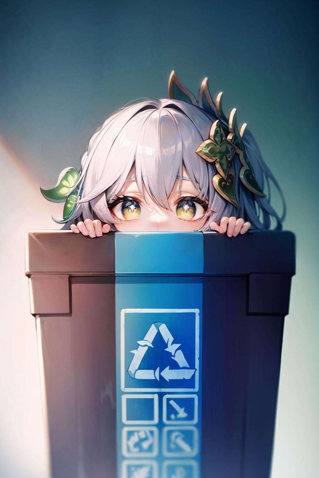 masterpiece, best quality, <lora:KasumizawaMiyu:1>,<lora:nahida:1>,trash can, in contain,inbox,nahida \(genshin impact\), white hair, hair ornament, white dress