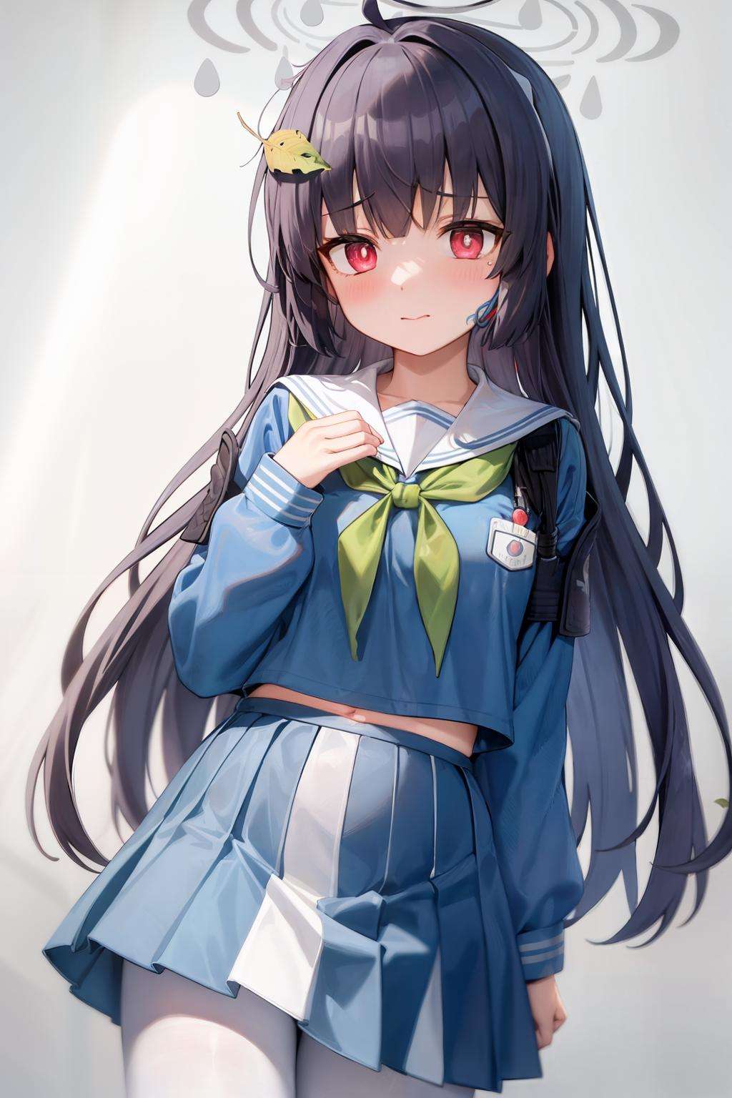 masterpiece, best quality,  <lora:KasumizawaMiyu:1>,miyu \(blue archive\), 1girl,halo,leaf on head, ahoge,animal ears,black hair,long hair,red eyes,green neckerchief,blue school uniform,sailor collar,long sleeves,pleated skirt,white pantyhose, 