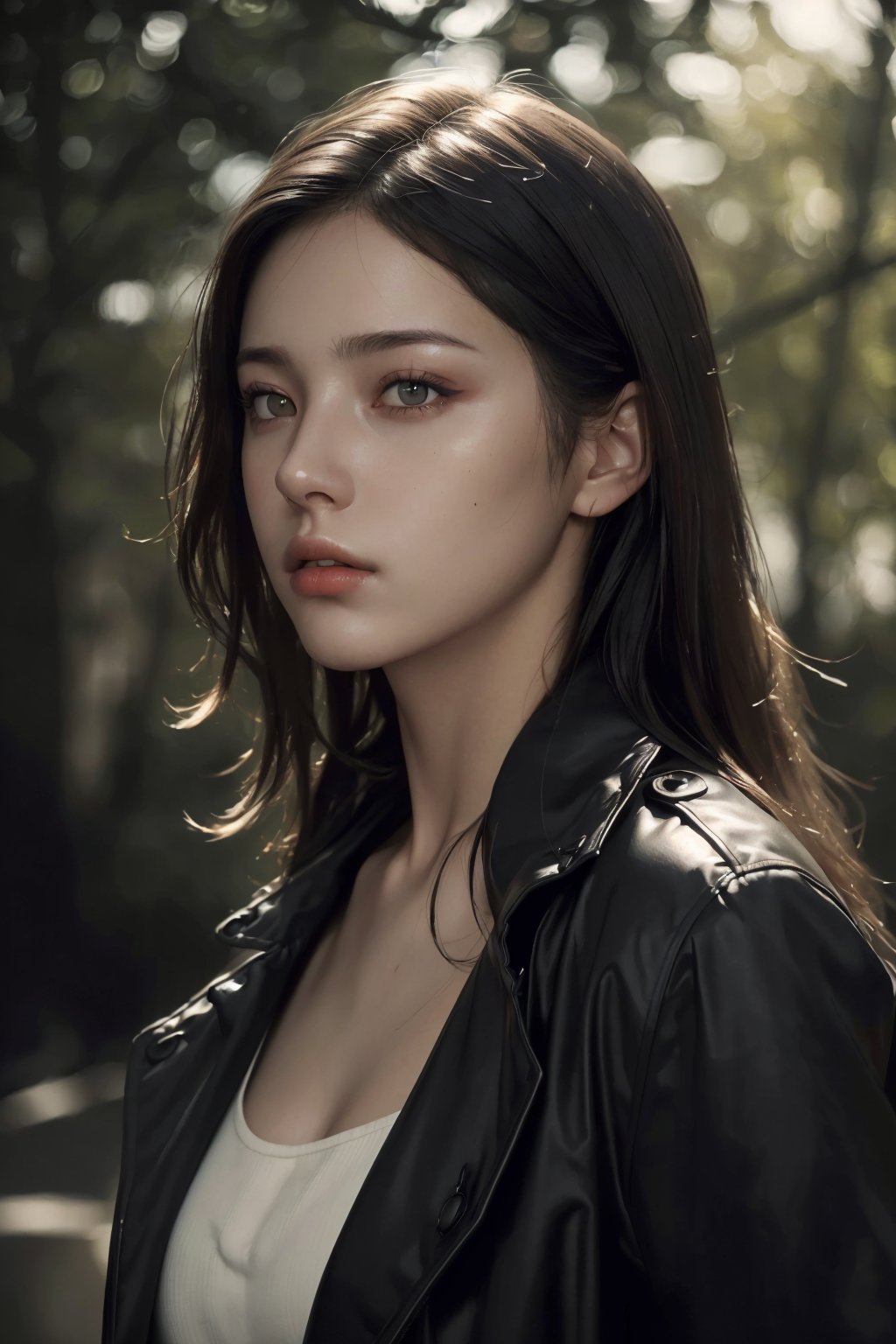 (masterpiece, best quality, highres:1.1, photorealistic:1.2), ultra resolution image, (realistic, realistic skin texture:1.2), a 20 yo woman, long hair, dark theme, soothing tones, muted colors, high contrast, (natural skin texture, hyperrealism, soft light, sharp), outdoors, trench coat, 