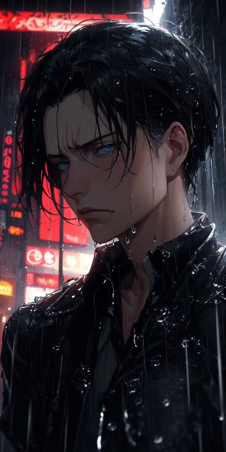 (neon lights, red light), night, rain, wet hair, ((rain drops on his face)), (looking to the sky), melancholic, extremely detailed, perfect composition, masterpiece 8k wallpapper,1male,Levi Ackerman 
