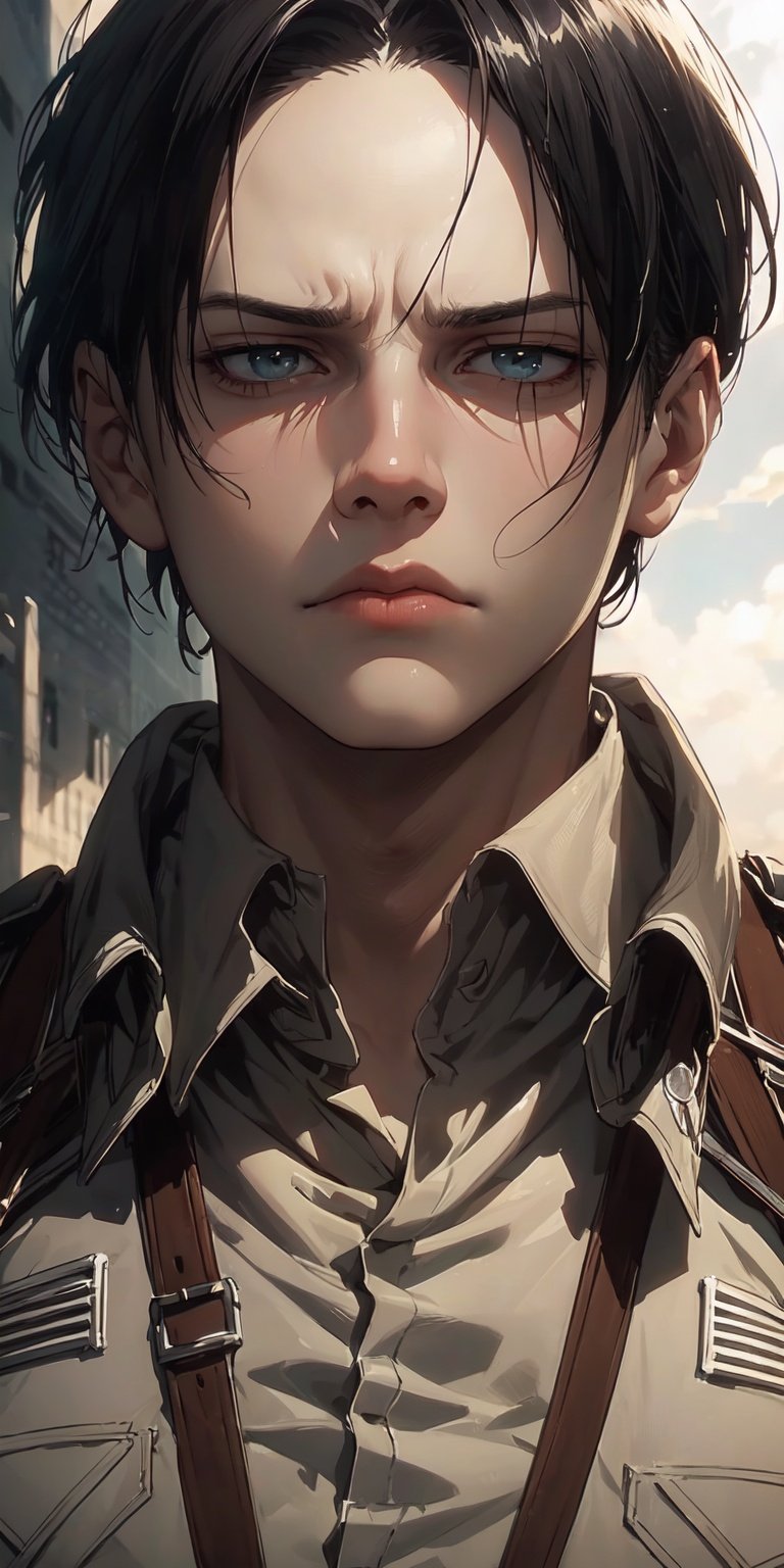 ((face, portrait)), melancholic, extremely detailed, perfect composition, masterpiece 8k wallpapper,1male,Levi Ackerman, attack on titan uniform 