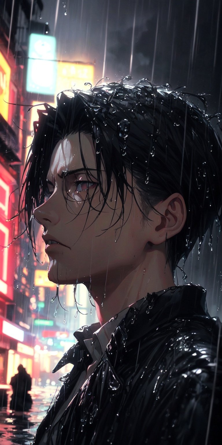 (neon lights, red light), night, rain, wet hair, ((rain drops on his face)), (looking to the sky), melancholic, extremely detailed, perfect composition, masterpiece 8k wallpapper,1male,Levi Ackerman 