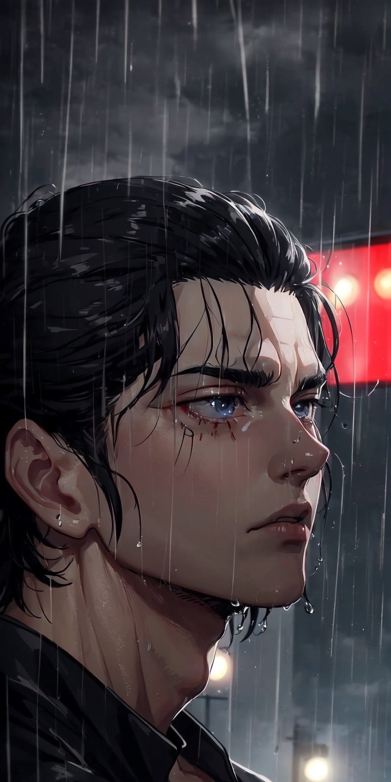 (neon lights, red light), night, rain, wet hair, ((rain drops on his face)), (looking to the sky), melancholic, extremely detailed, perfect composition, masterpiece 8k wallpapper,1male,Eren Jaeger, black hair, scars below the eyes 