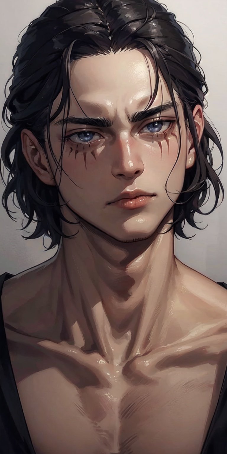 1male,((Face, portrait)),melancholic, extremely detailed, perfect composition, masterpiece 8k wallpapper,Eren Jaeger, black hair, scars below the eyes