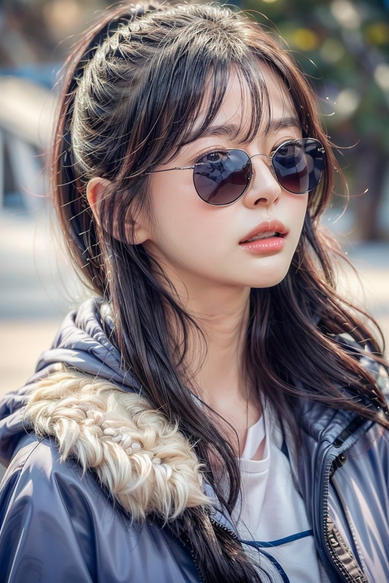 (masterpiece, best quality, ultra-detailed, 8K),beautiful girl standing in snow park,bobcut,(close-up on face),(sunglasses),(blue winter coat),(colorful),cinematic lighting,kwon-nara