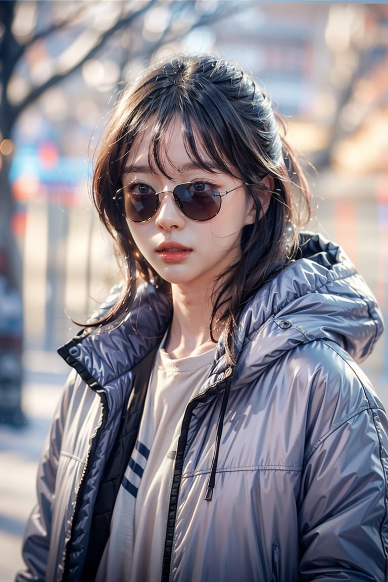 (masterpiece, best quality, ultra-detailed, 8K),beautiful girl standing in snow park,bobcut,(close-up on face),sunglasses,(blue winter jacket),(colorful),cinematic lighting,kwon-nara