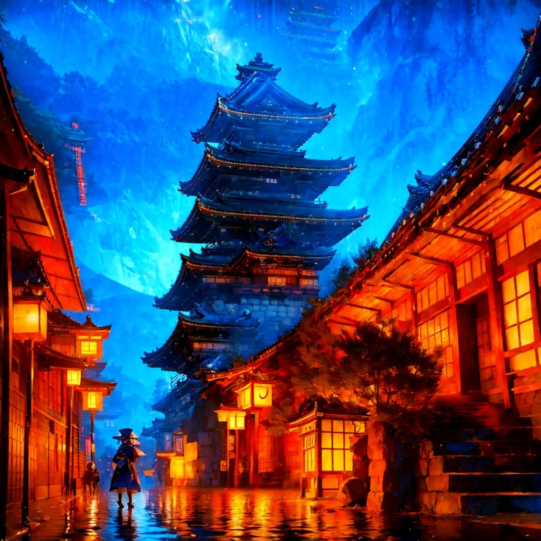 masterpiece, best quality,onmyoji, kyoto castle, omyoji hat, ((group of yo-kai)), Baku Yumemakura's novel , detailed, standing , windy, at night, mysticlightKA