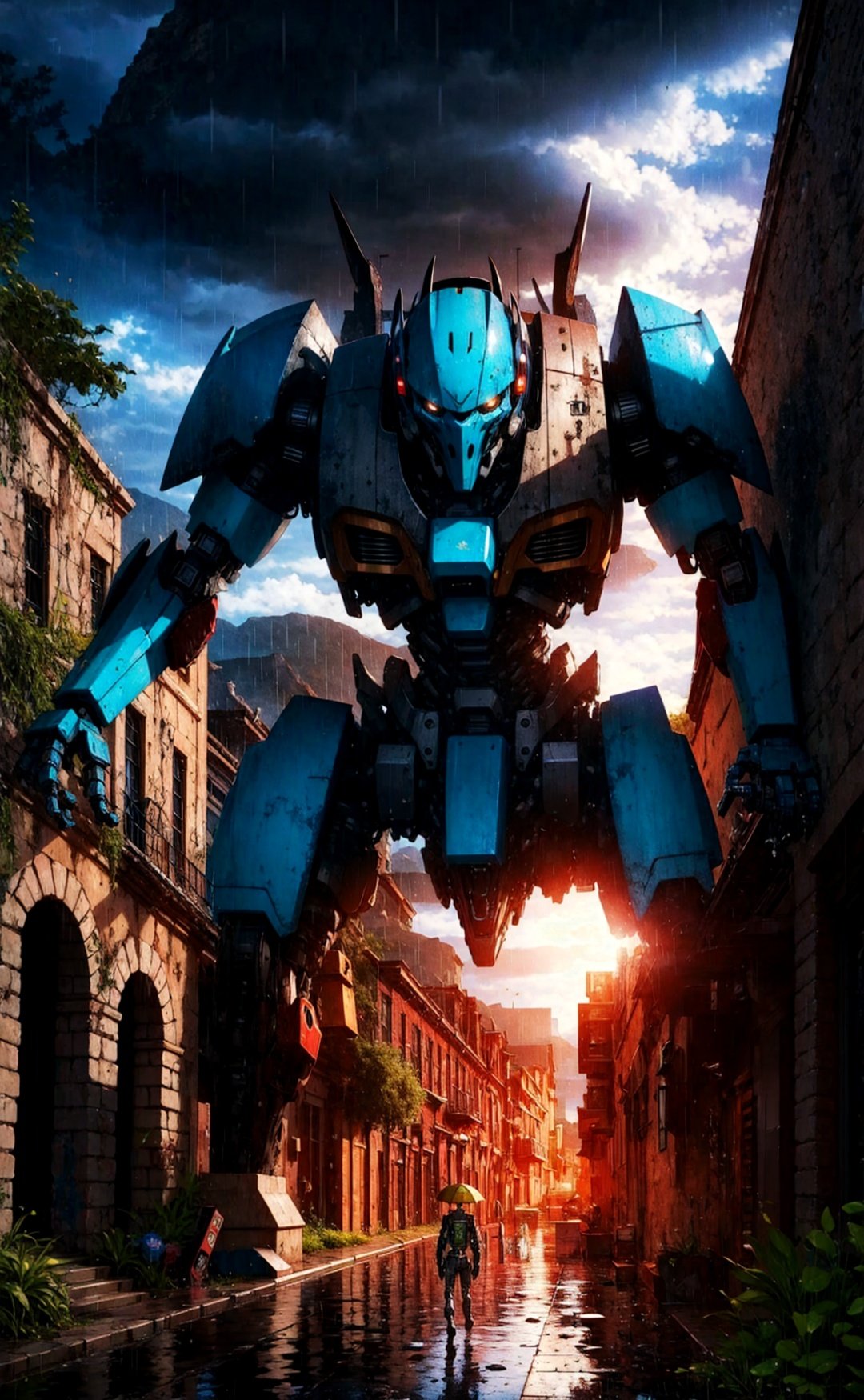 masterpiece, best quality, mecha,monster,cloud,colorful,ruins,rain,LAS