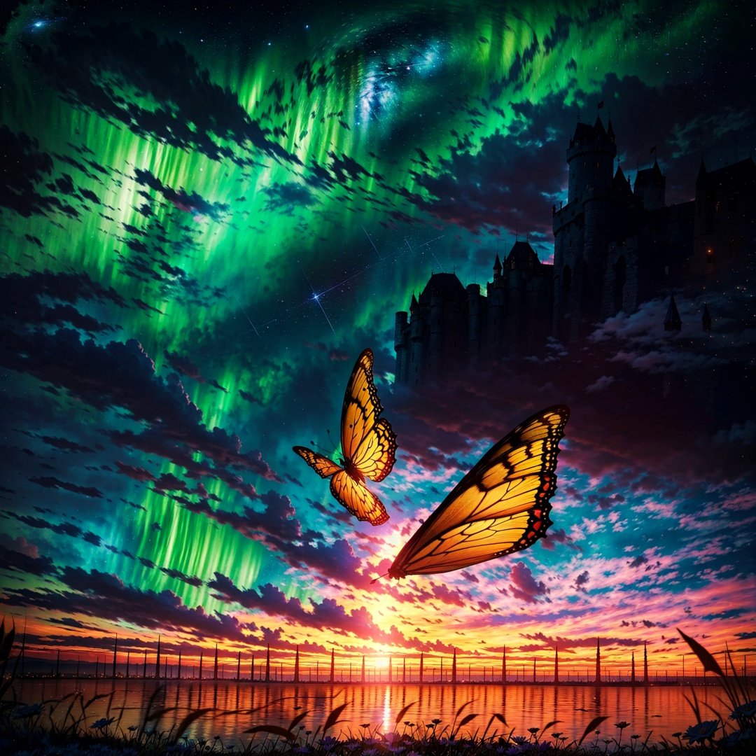 photorealistic photography in high definition, of a mystical fantasy scene, closeup of a casttle with wing, open wings, flowers and butterflies should be around it, with interstellar space visible in the sky, with golden luminous flashes and shooting stars and castle Elevated above the clouds, a mystical and enigmatic scene,mysticlightKA