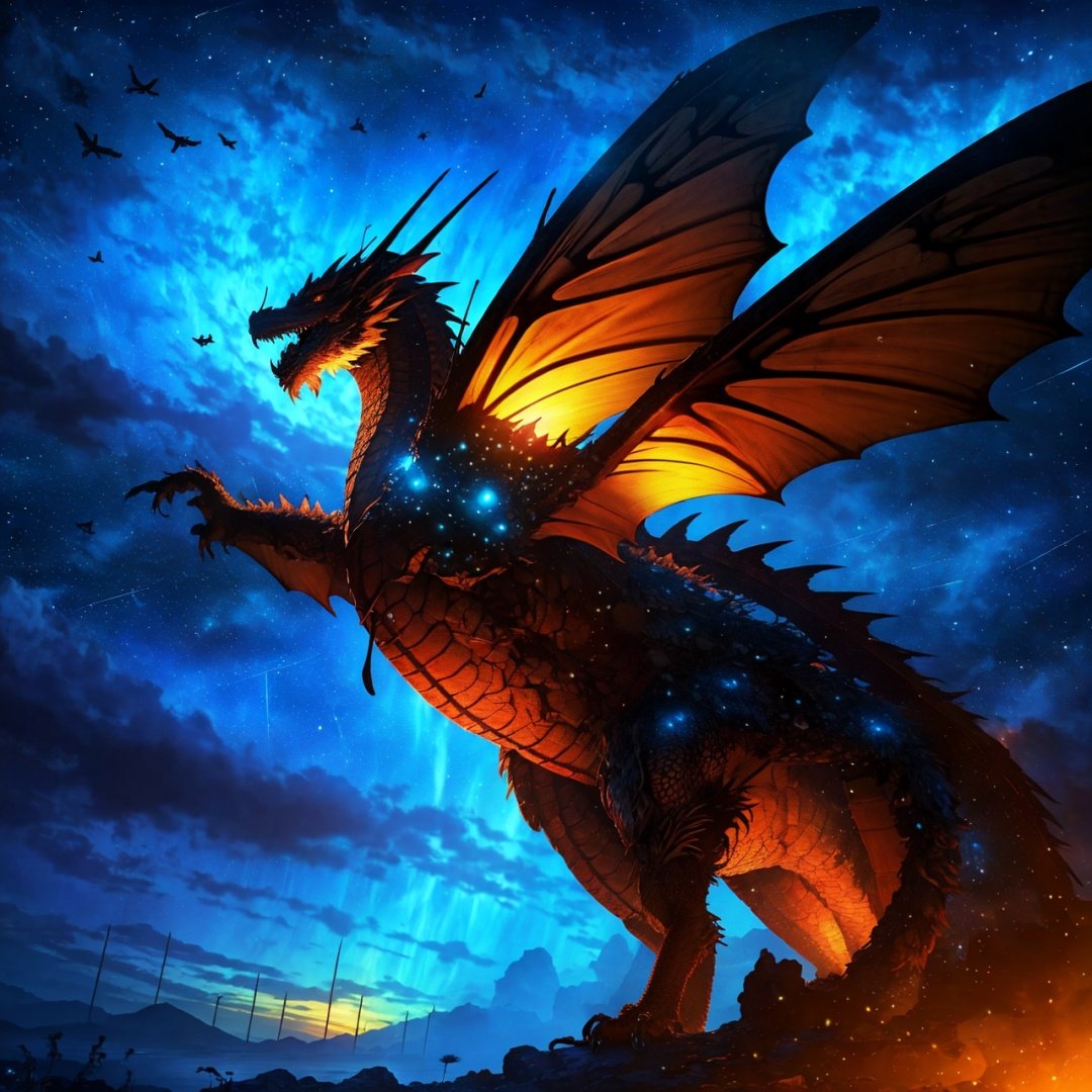 photorealistic photography in high definition, of a mystical fantasy scene, closeup of a dragon, open wings, flowers and butterflies should be around it, with interstellar space visible in the sky, with golden luminous flashes and shooting stars and castle Elevated above the clouds, a mystical and enigmatic scene, mysticlightKA