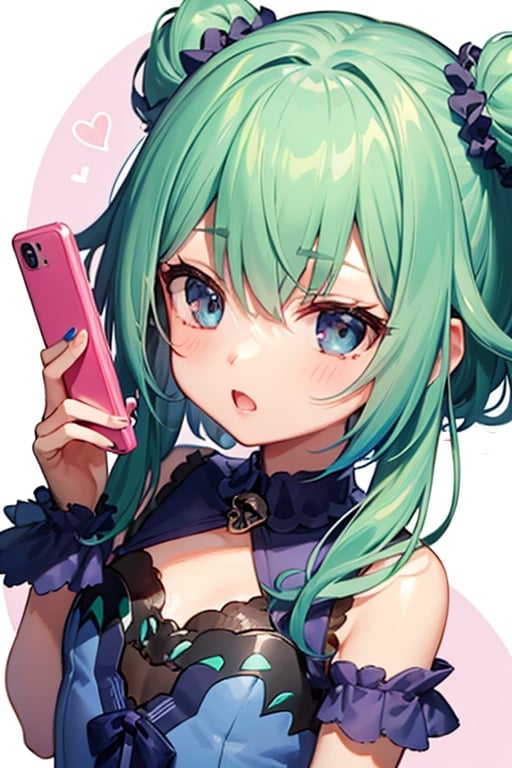 (masterpiece, best quality:1.2), 1girl, anime girl with green hair and blue dress  holding a cell phone, anime girl with teal hair, anime visual of a cute girl, mikudayo, portrait of an anime girl, anime moe artstyle, marin kitagawa fanart, young anime girl, small curvy loli, cute anime waifu in a nice dress, portrait of cute anime girl, made with anime painter studio
