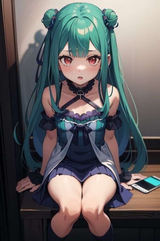 (masterpiece, best quality:1.2), 1girl, anime girl with green hair and blue dress  holding a cell phone, anime girl with teal hair, anime visual of a cute girl, mikudayo, portrait of an anime girl, anime moe artstyle, marin kitagawa fanart, young anime girl, small curvy loli, cute anime waifu in a nice dress, portrait of cute anime girl, made with anime painter studio
