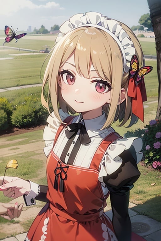 anime girl in a red dress with a butterfly flying above her, loli in dress, beautiful anime girl, pretty anime girl, cute anime waifu in a nice dress, cute anime girl, anime girl in a maid costume, anime visual of a cute girl, (anime girl), a maid in a magical forest, beautiful anime portrait, anime best girl, an anime girl