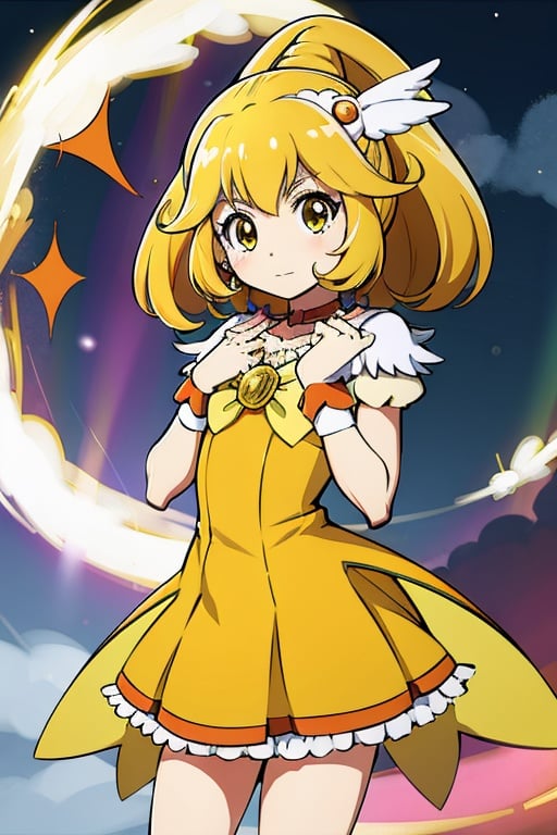 a woman in a yellow dress and a hat with a bird on her head, symphogear, anime girl named lucy, anime visual of a cute girl, rei hiroe, magical girl anime mahou shojo, yami kawaii, best anime character design, daytime ethereal anime, yellow radiant magic, aya takano color style, anime best girl, portrait of magical girl