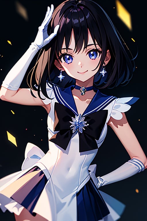 (masterpiece, best quality:1.2), , solo, 1girl, sailor saturn, magical girl, smile, closed mouth, looking at viewer, hand on hip, tiara, sailor senshi uniform, pleated skirt, elbow gloves, jewelry, brooch, choker