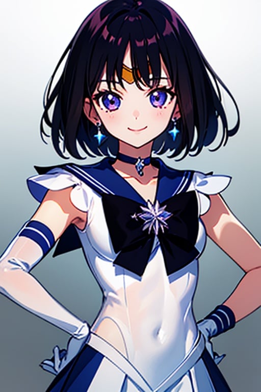 (masterpiece, best quality:1.2), , solo, 1girl, sailor saturn, magical girl, smile, closed mouth, looking at viewer, hand on hip, tiara, sailor senshi uniform, pleated skirt, elbow gloves, jewelry, brooch, choker